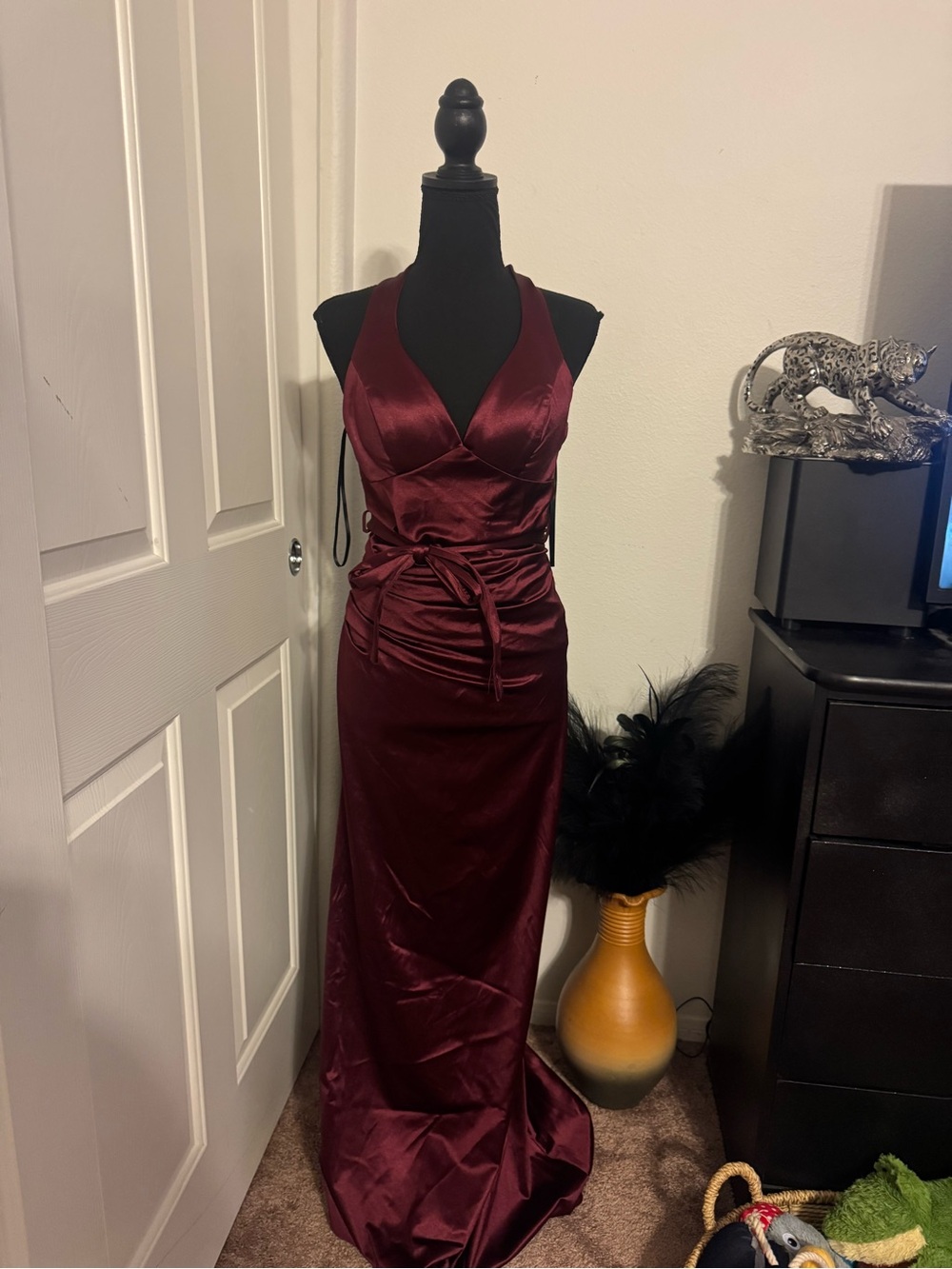 B Darlin Burgundy Halter Maxi Dress